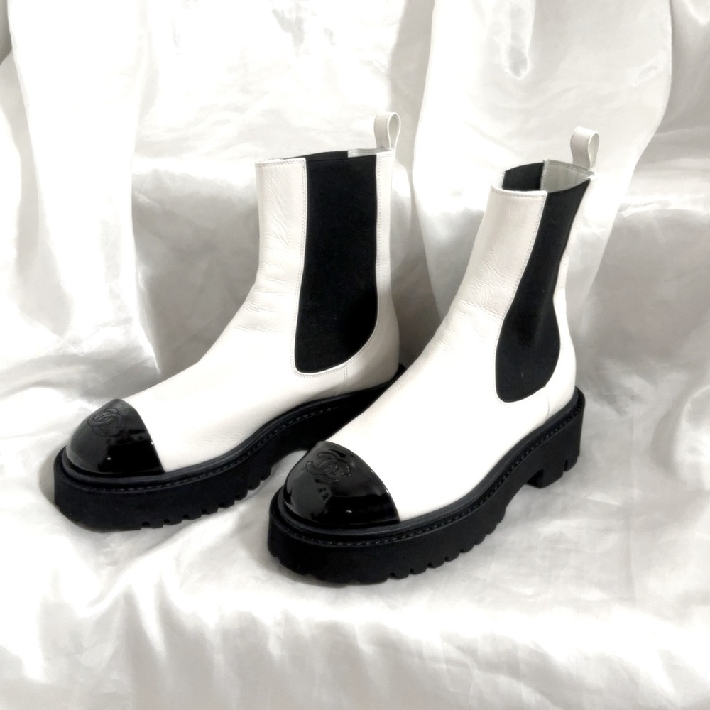 Chanel Patent Calfskin Cap Toe CC Ankle Boots